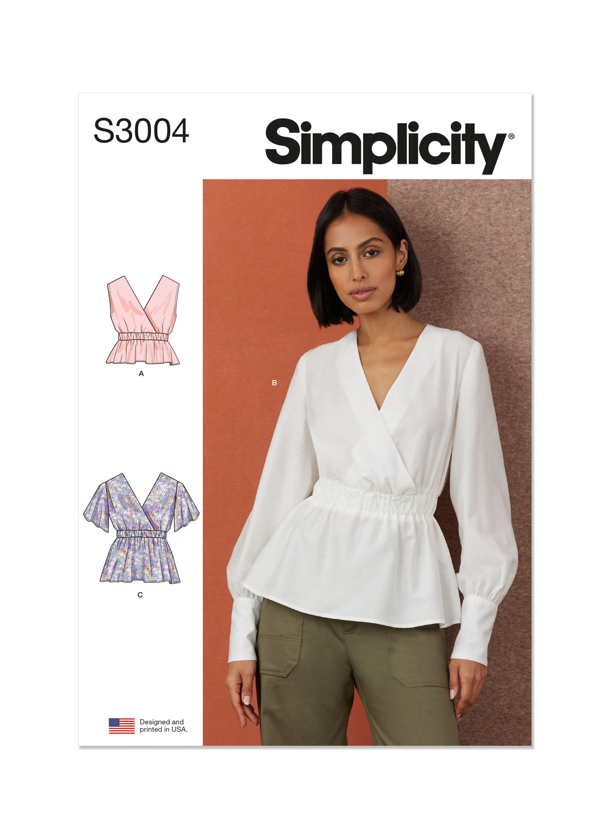 Simplicity S3004 sewing pattern envelope showing tops