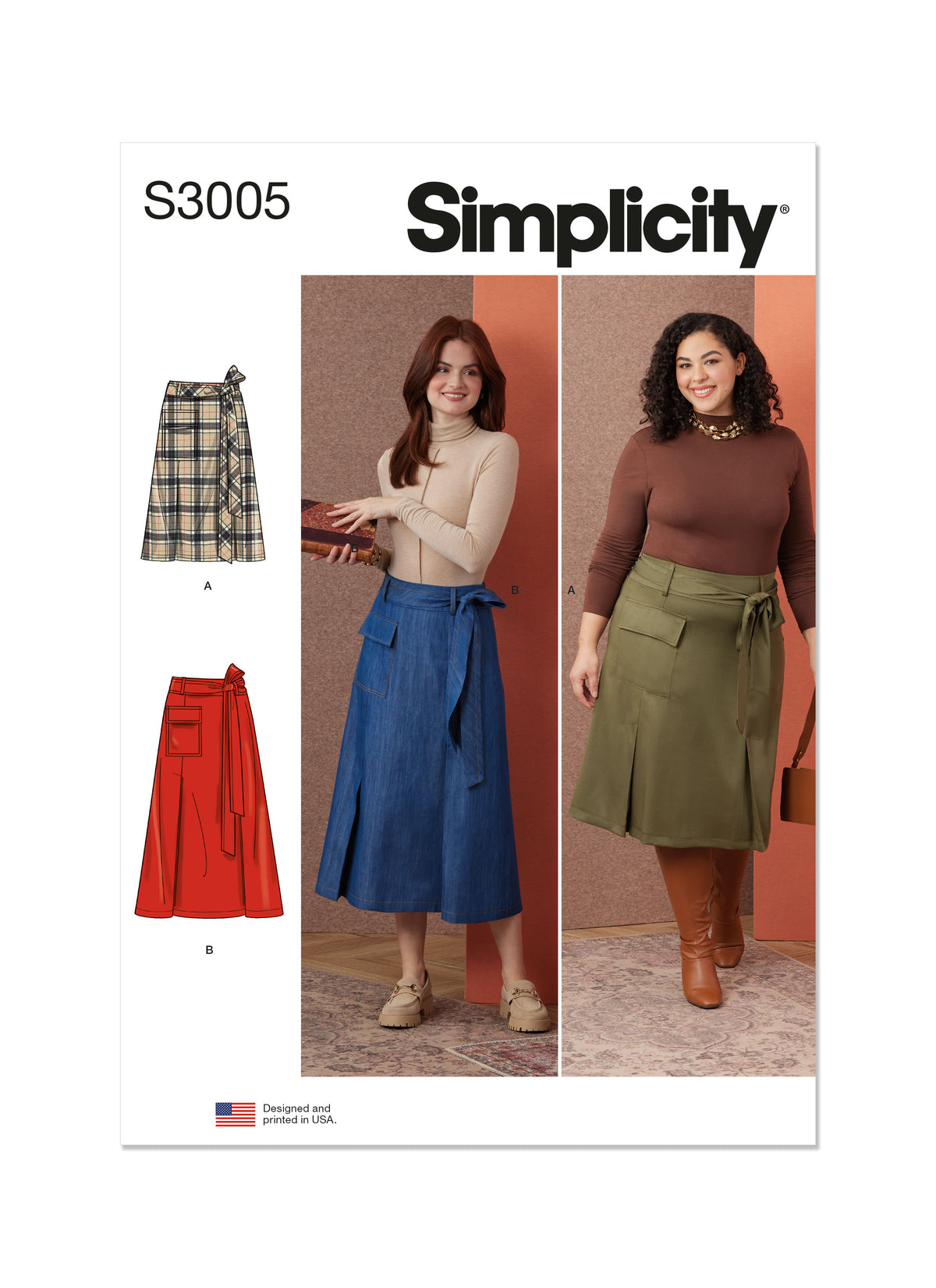 Simplicity S3005 sewing pattern envelope showing skirts and trousers
