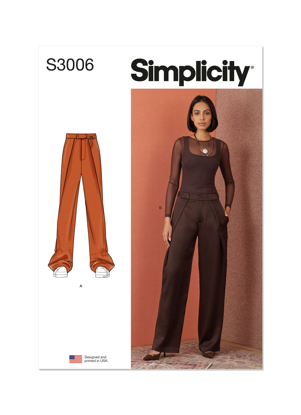 Simplicity S3006 sewing pattern envelope showing skirts and trousers