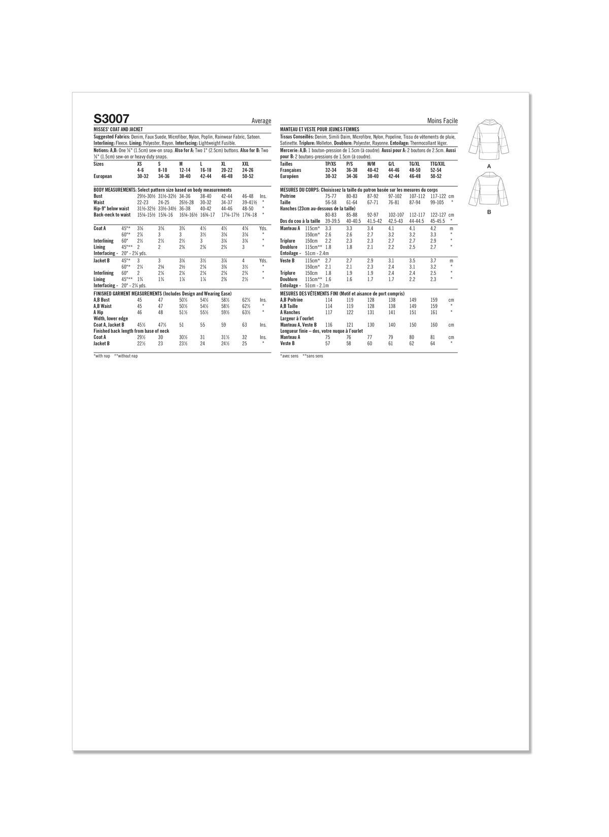 Simplicity S3007 sewing pattern envelope showing jackets and coats