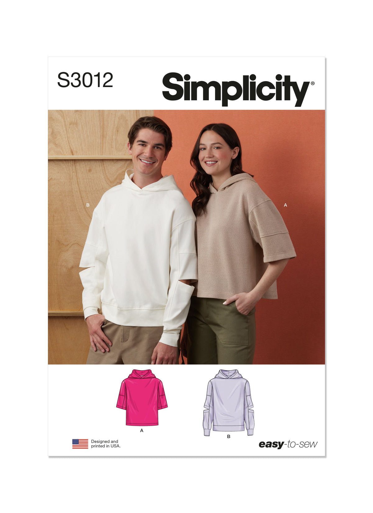 Simplicity S3012 sewing pattern envelope showing oversized hoodies