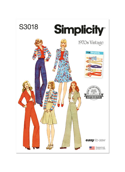 Simplicity S3018 sewing pattern envelope showing 1970s jacket, skirt & trousers designs