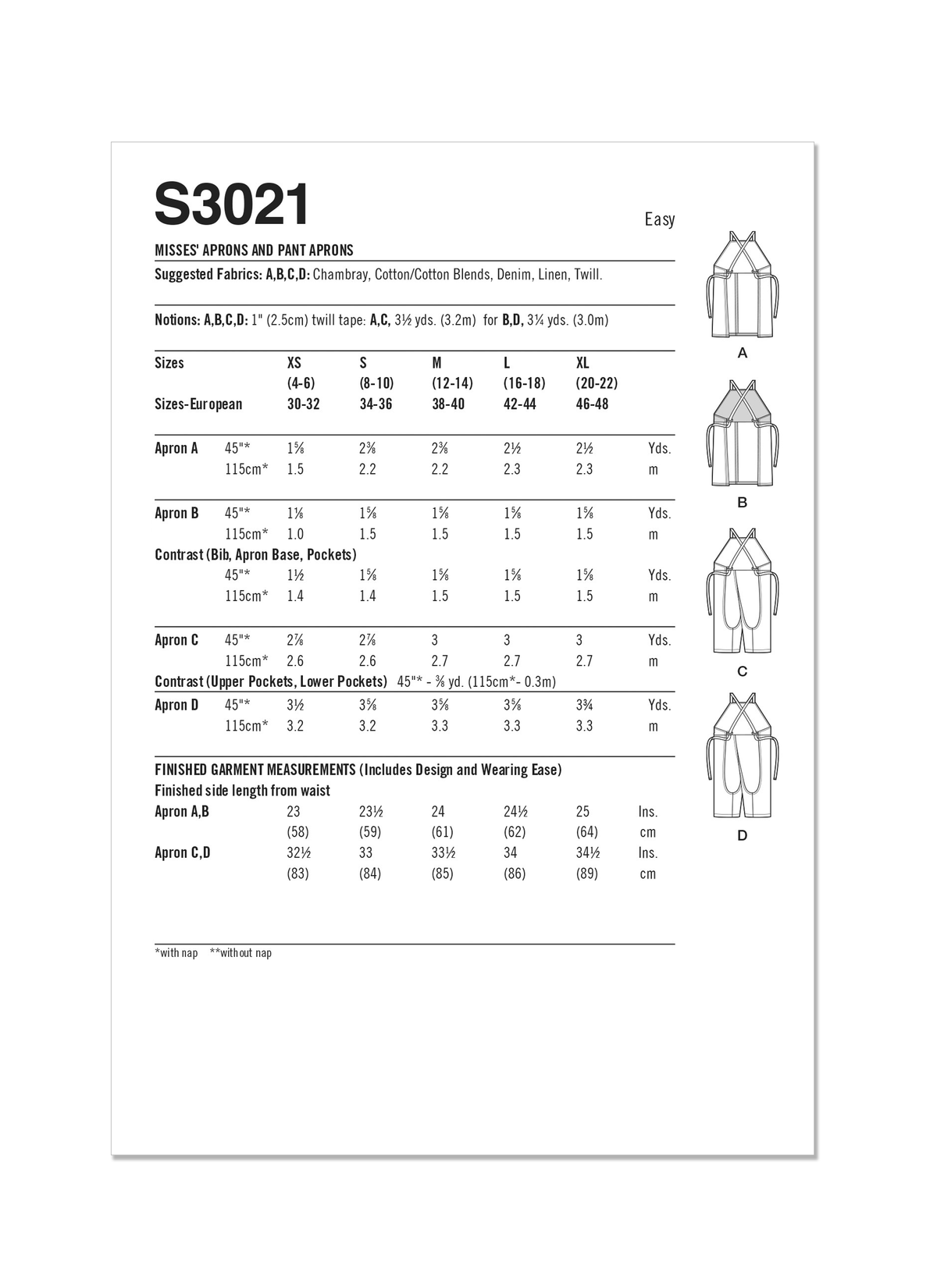 Simplicity S3021 sewing pattern envelope showing aprons designs