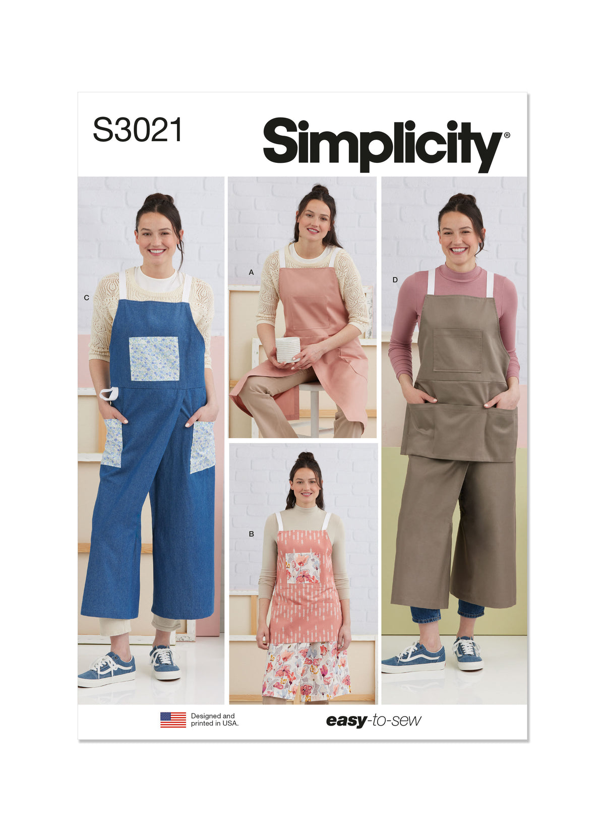 Simplicity S3021 sewing pattern envelope showing aprons designs