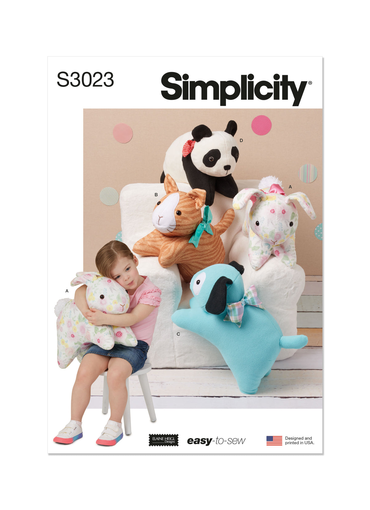 Simplicity S3023 sewing pattern envelope showing stuffed toys designs