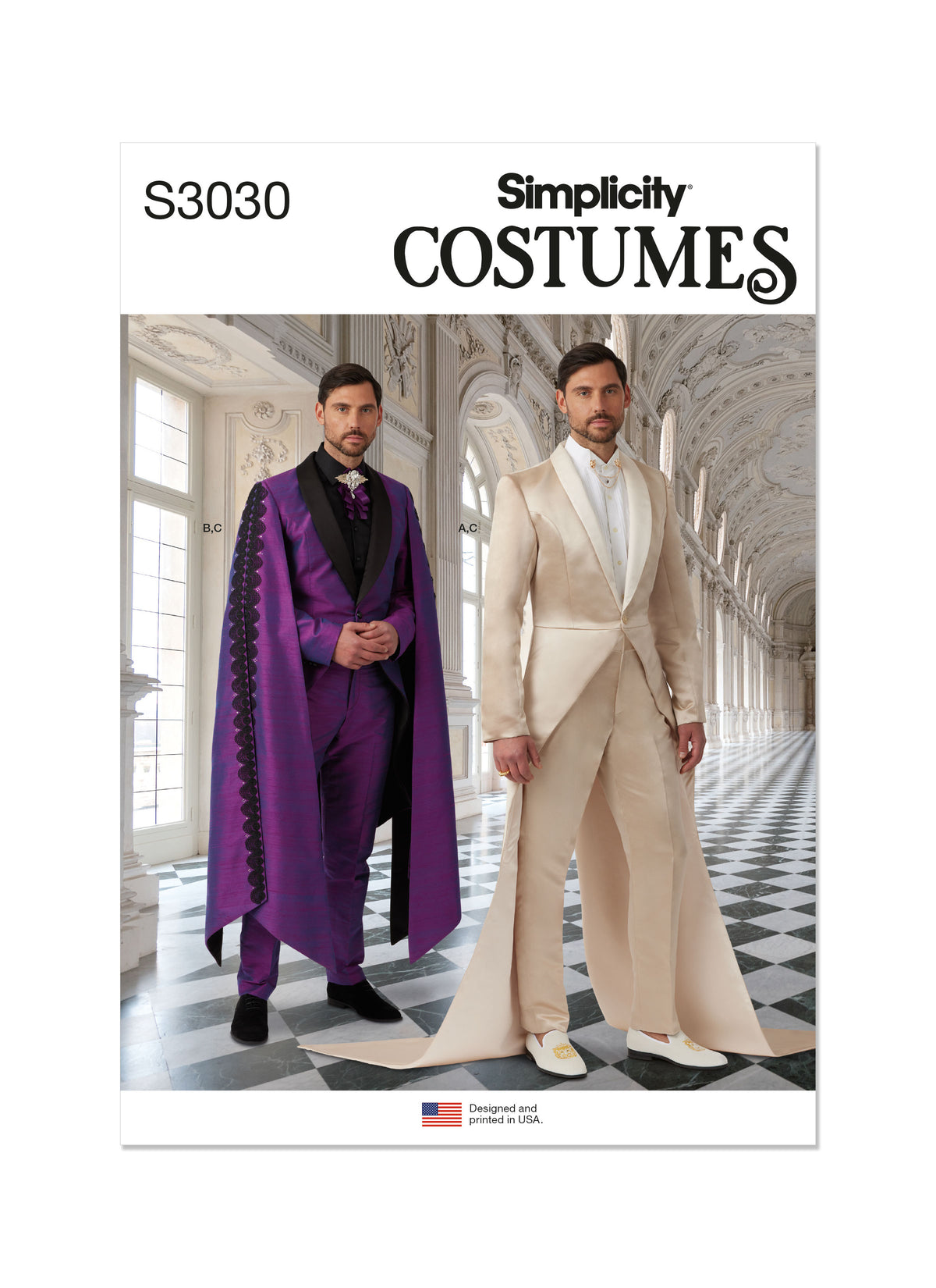 Simplicity S3030 costume pattern envelope showing a man in a purple cape suit and a man in a cream tailcoat