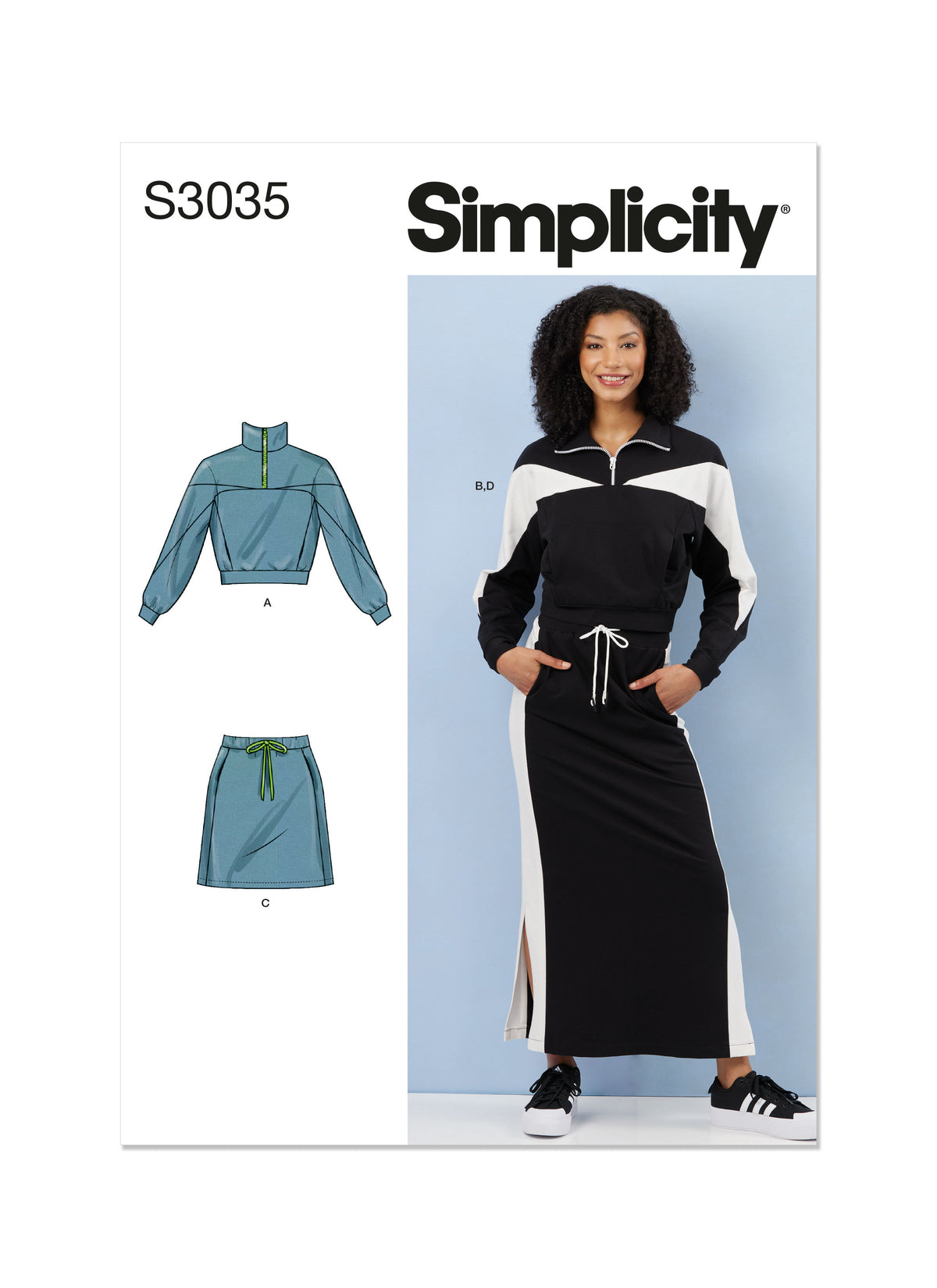 Simplicity S3035 sewing pattern envelope showing tracksuit-style tops & skirts designs
