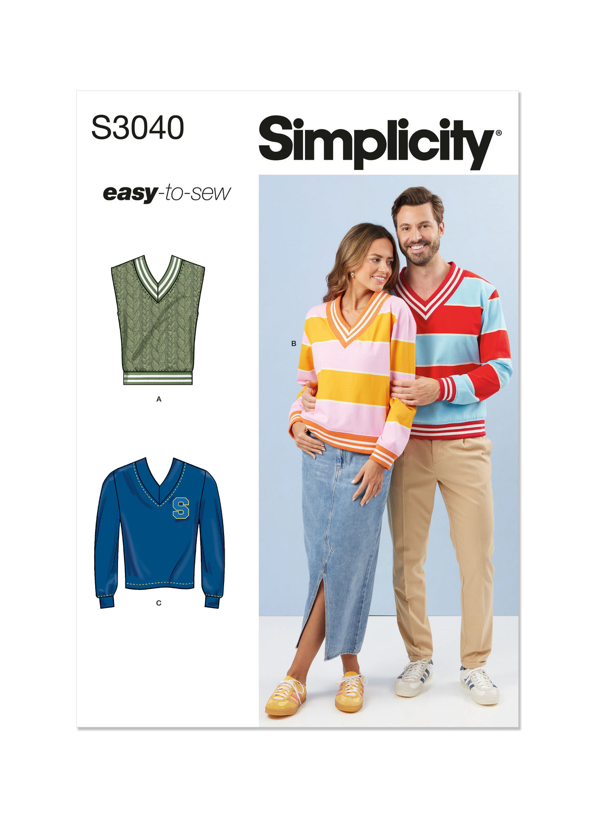 Simplicity S3040 sewing pattern envelope showing unisex v-neck top & waistcoat designs