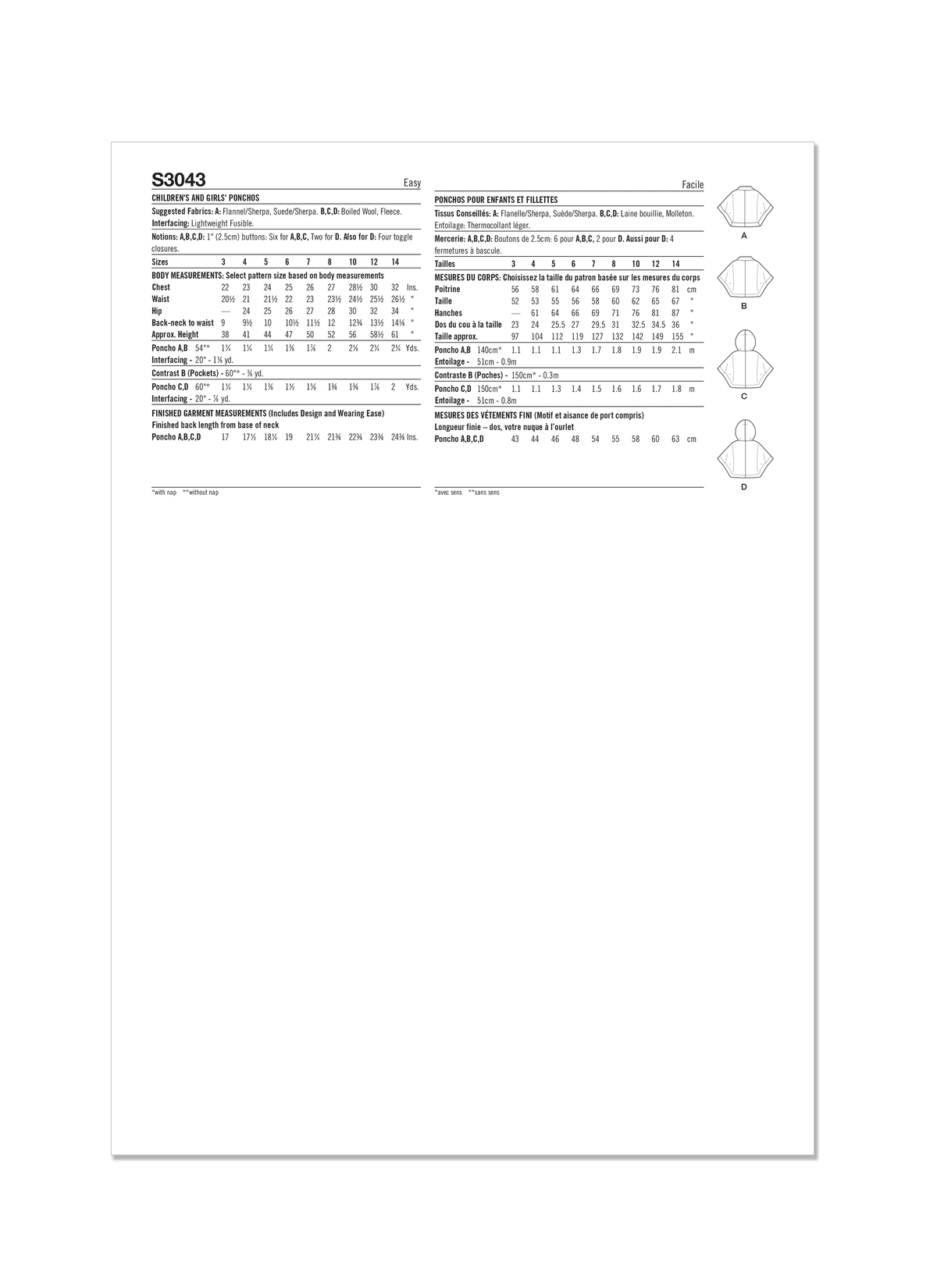 Simplicity S3043 sewing pattern envelope showing girls' poncho designs