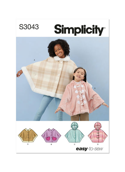 Simplicity S3043 sewing pattern envelope showing girls' poncho designs