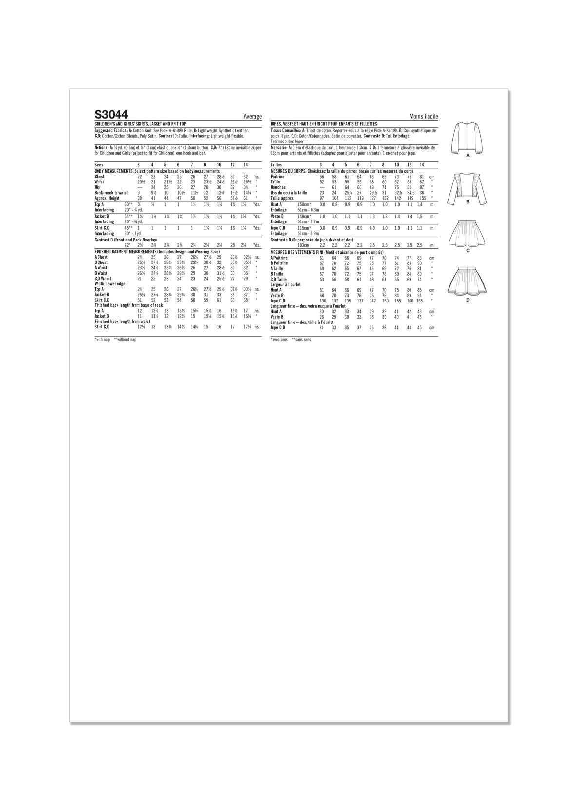 Simplicity S3044 sewing pattern envelope showing girls' casual wear designs