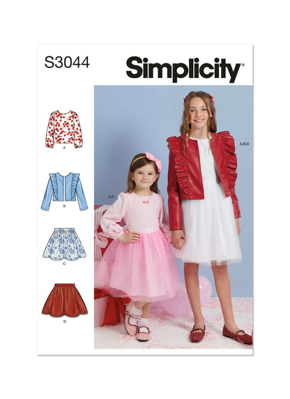 Simplicity S3044 sewing pattern envelope showing girls' casual wear designs