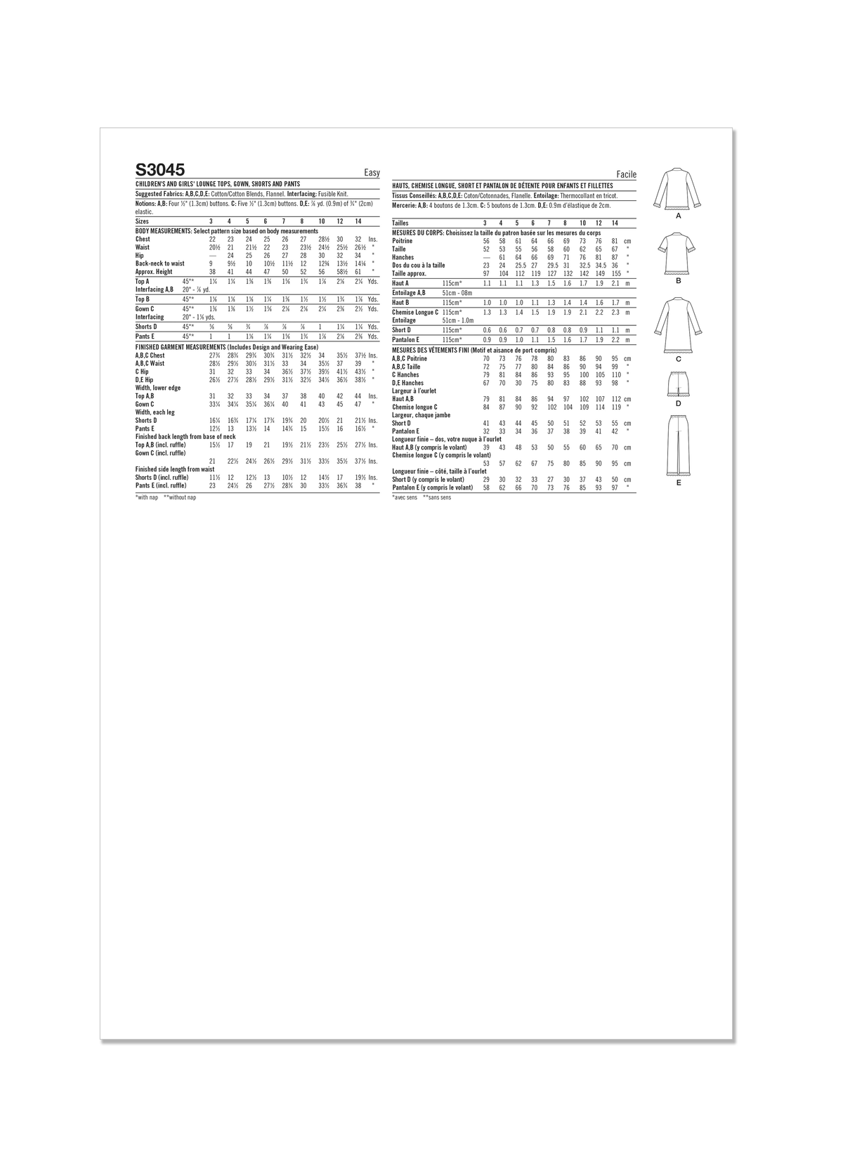 Simplicity S3045 sewing pattern envelope showing girls' sleepwear designs