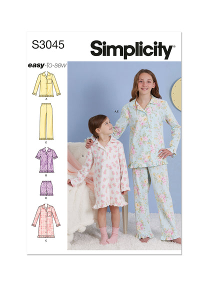 Simplicity S3045 sewing pattern envelope showing girls' sleepwear designs