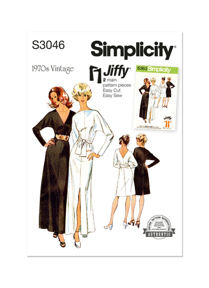 Simplicity S3046 sewing pattern envelope showing 1970s knit dress designs