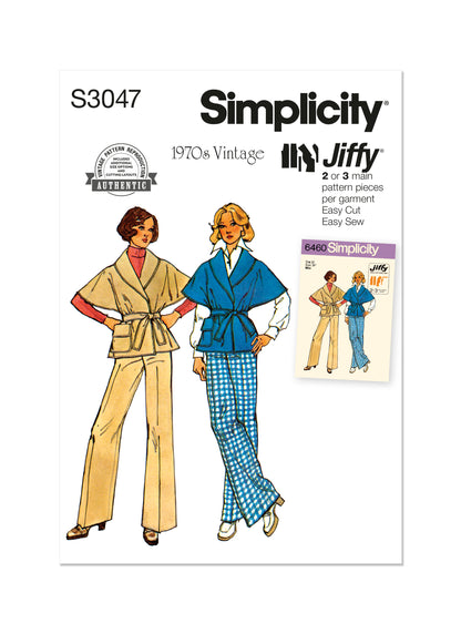 Simplicity S3047 sewing pattern envelope showing 1970s wrap, jacket & trousers designs