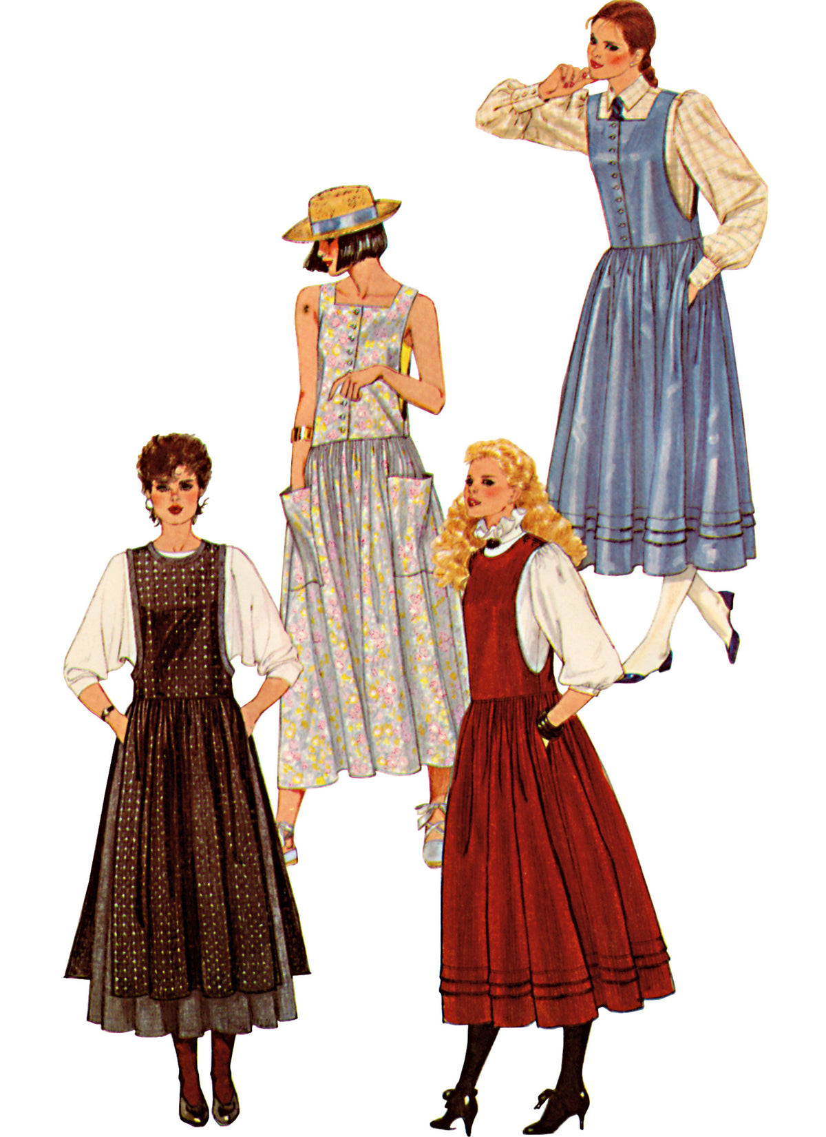Simplicity S3048 sewing pattern envelope showing 1980s pinafore dress designs
