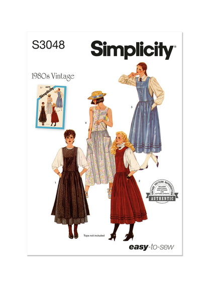 Simplicity S3048 sewing pattern envelope showing 1980s pinafore dress designs