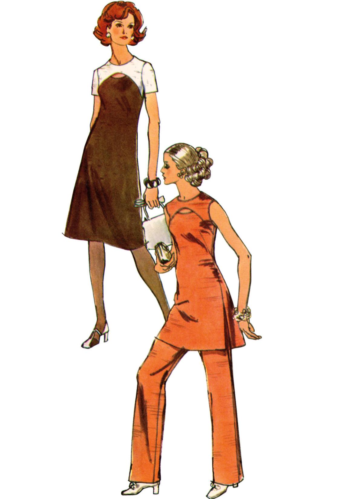 Simplicity S3049 sewing pattern envelope showing a vintage 1970s-style dress, tunic and trousers
