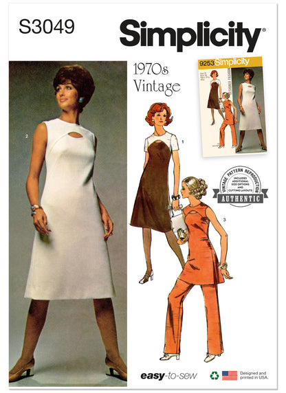 Simplicity S3049 sewing pattern envelope showing a vintage 1970s-style dress, tunic and trousers