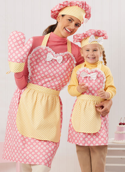 Simplicity S3050 sewing pattern envelope showing aprons with a full skirt and contrast overskirt