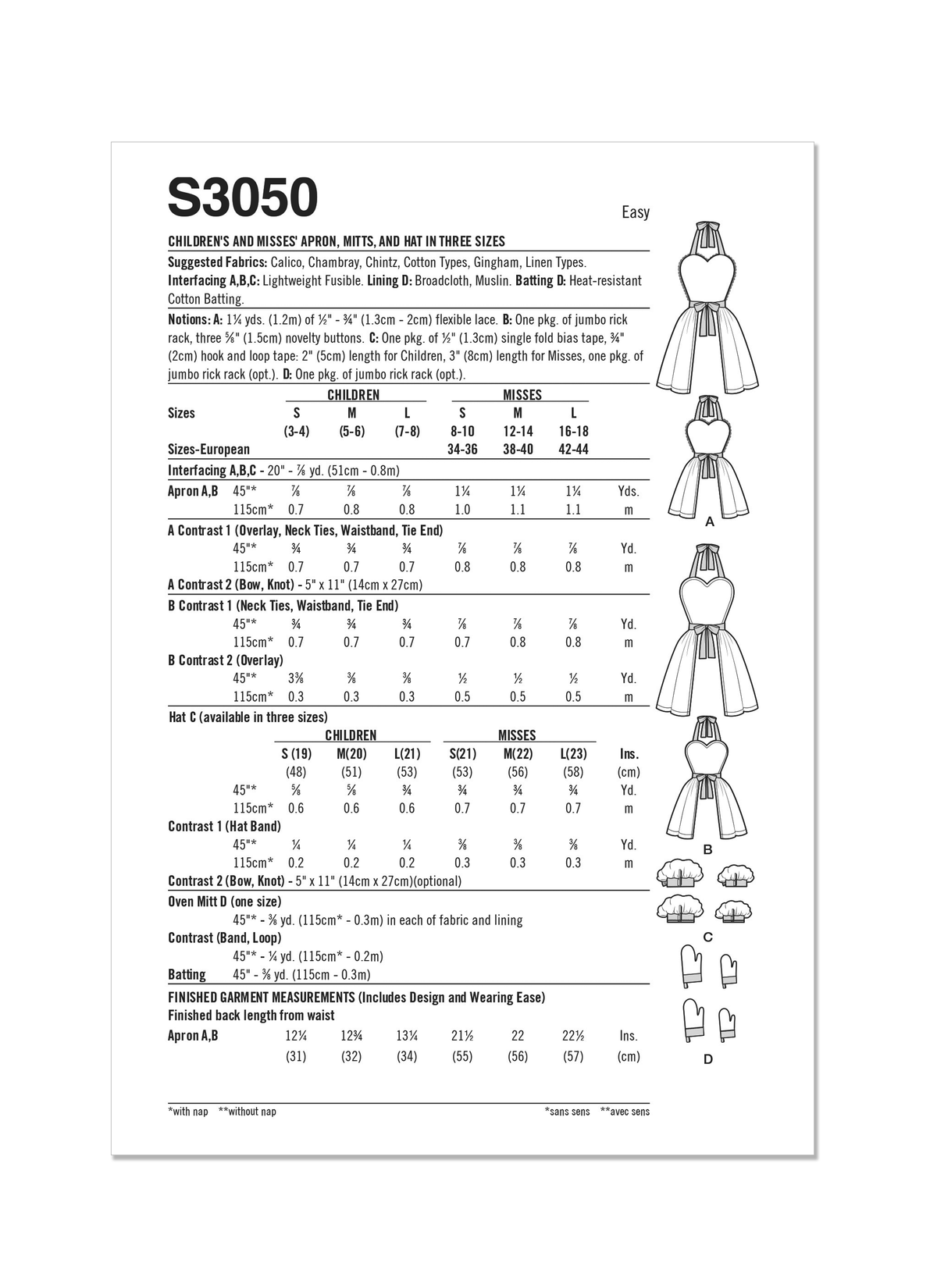 Simplicity S3050 sewing pattern envelope showing aprons with a full skirt and contrast overskirt