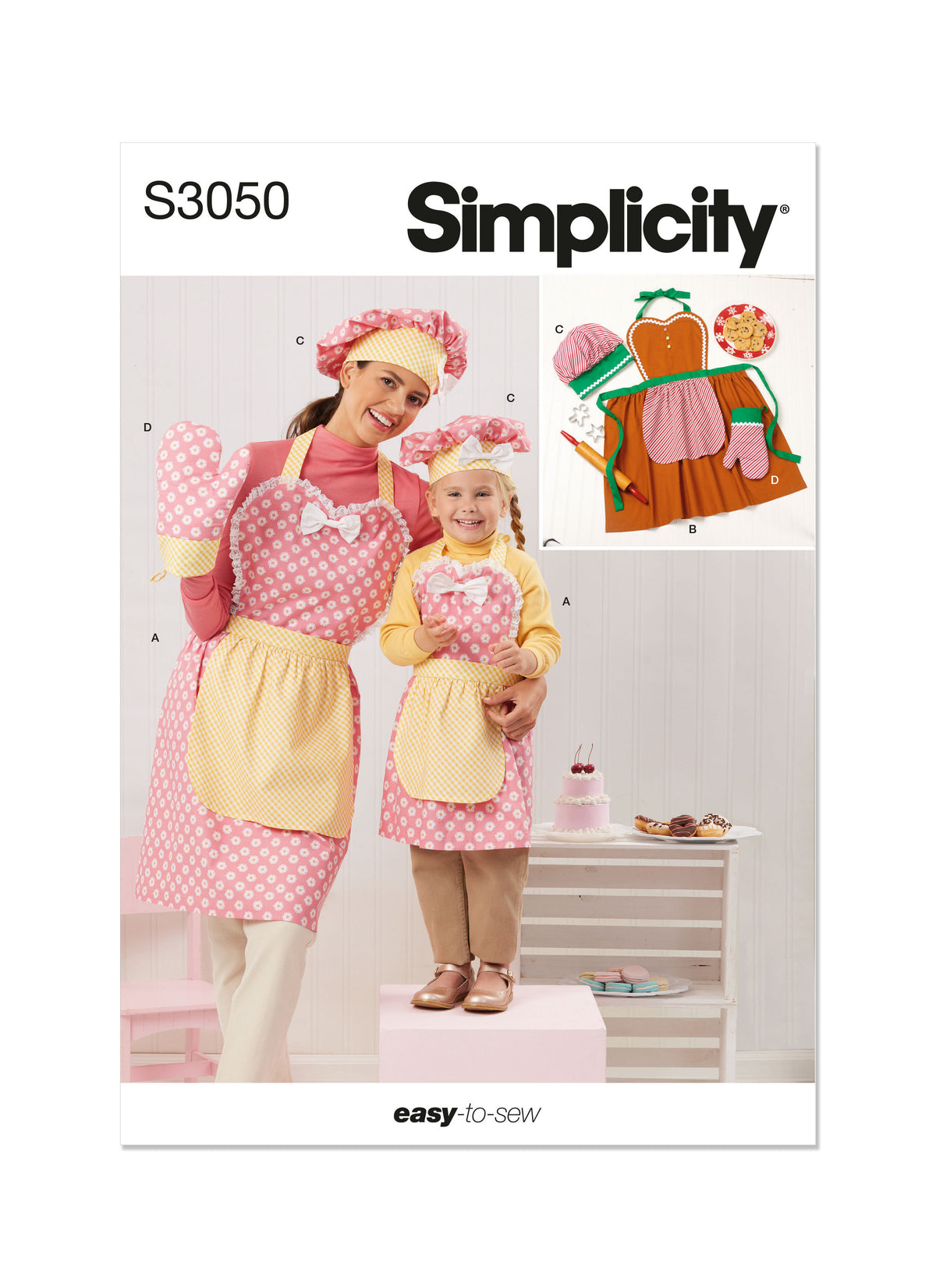 Simplicity S3050 sewing pattern envelope showing aprons with a full skirt and contrast overskirt