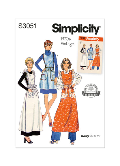 Simplicity S3051 sewing pattern envelope showing a vintage 1970s-style apron