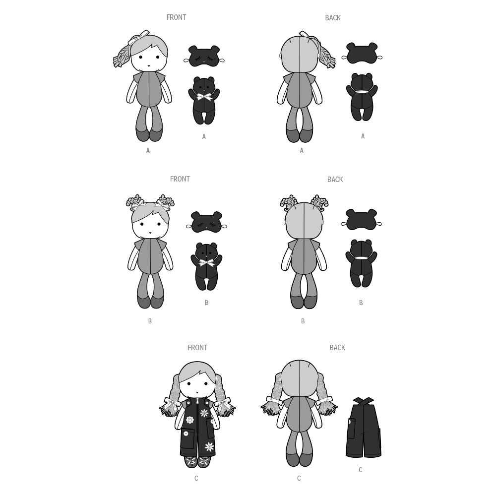 Simplicity S3053 sewing pattern envelope showing stuffed dolls with a choice of hair styles
