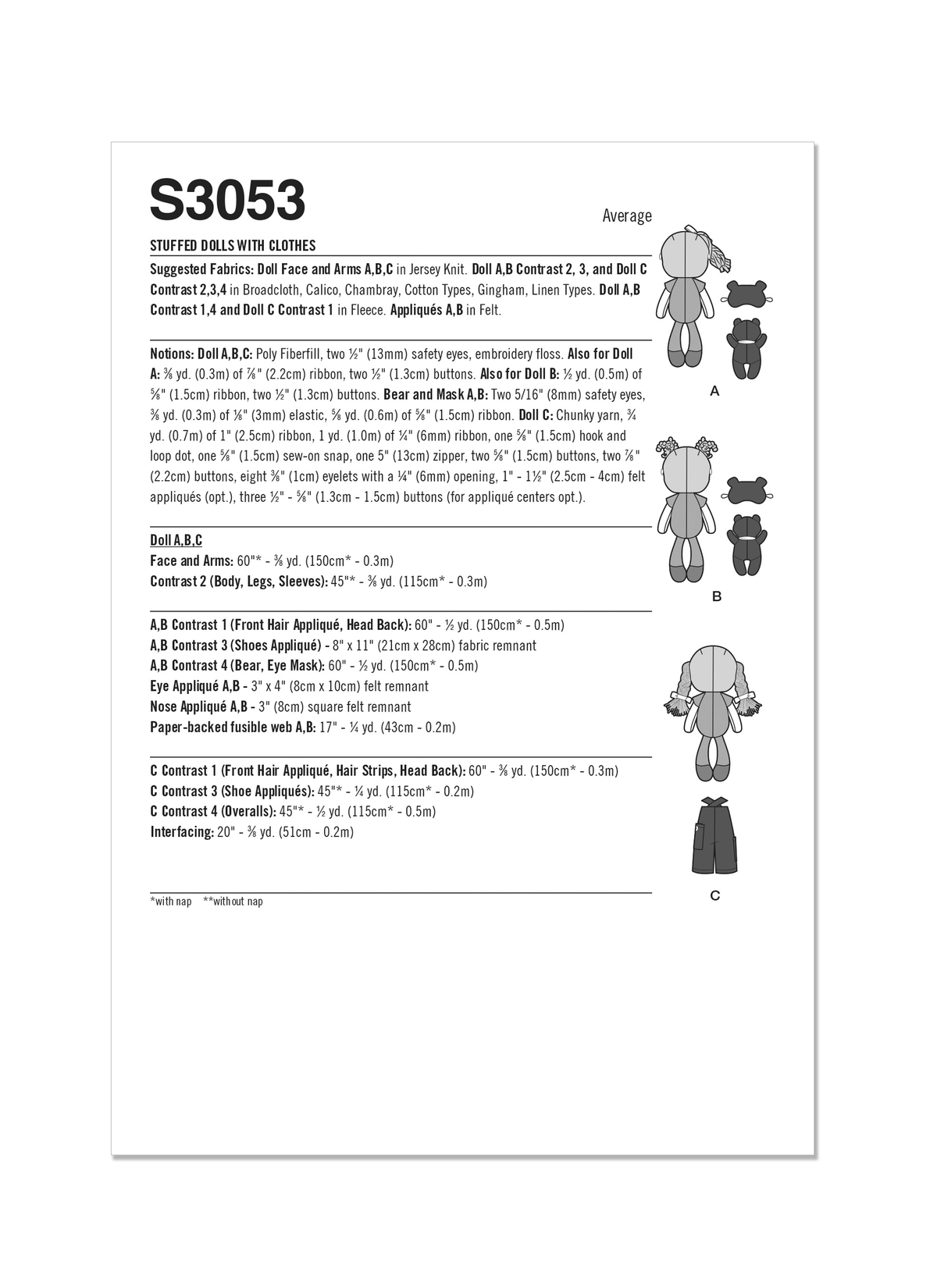 Simplicity S3053 sewing pattern envelope showing stuffed dolls with a choice of hair styles