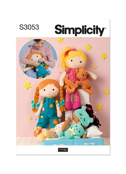 Simplicity S3053 sewing pattern envelope showing stuffed dolls with a choice of hair styles