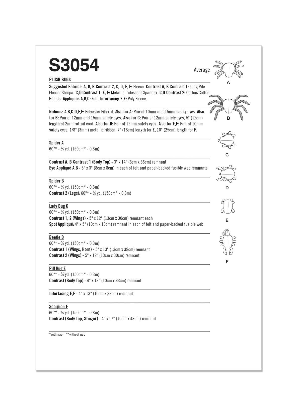Simplicity S3054 sewing pattern envelope showing bright, fun stuffed bugs