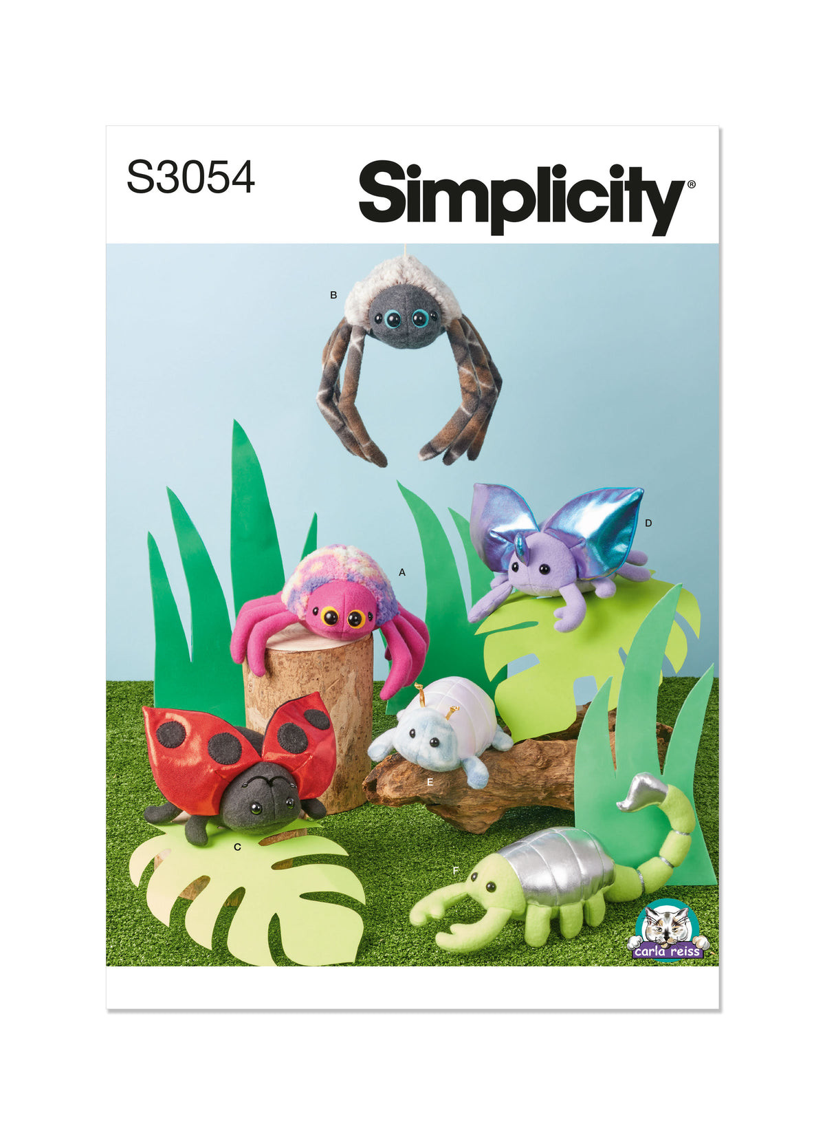 Simplicity S3054 sewing pattern envelope showing bright, fun stuffed bugs