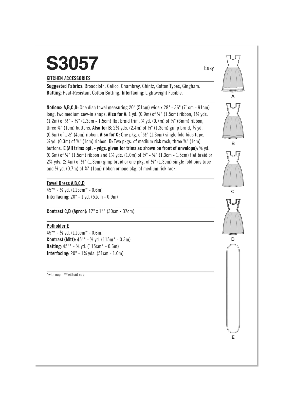 Simplicity S3057 sewing pattern envelope showing dress-style covers for shop-bought dish towels