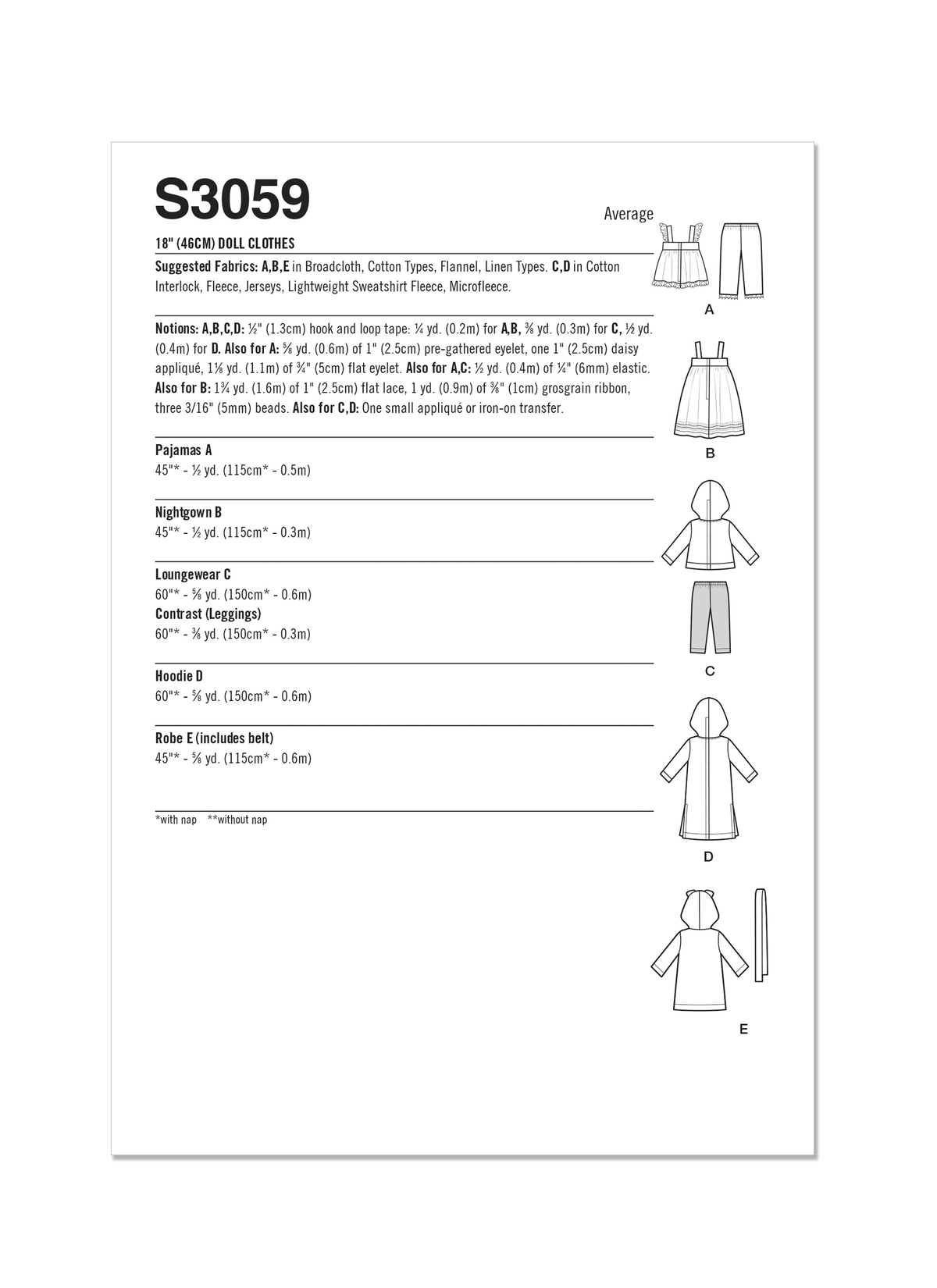 Simplicity S3059 sewing pattern envelope showing doll clothes with a full gathered skirt