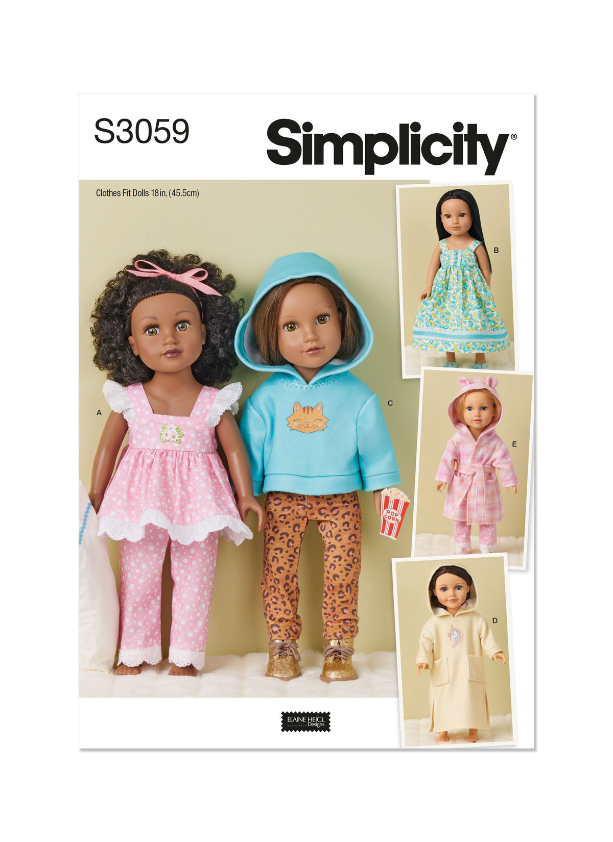 Simplicity S3059 sewing pattern envelope showing doll clothes with a full gathered skirt