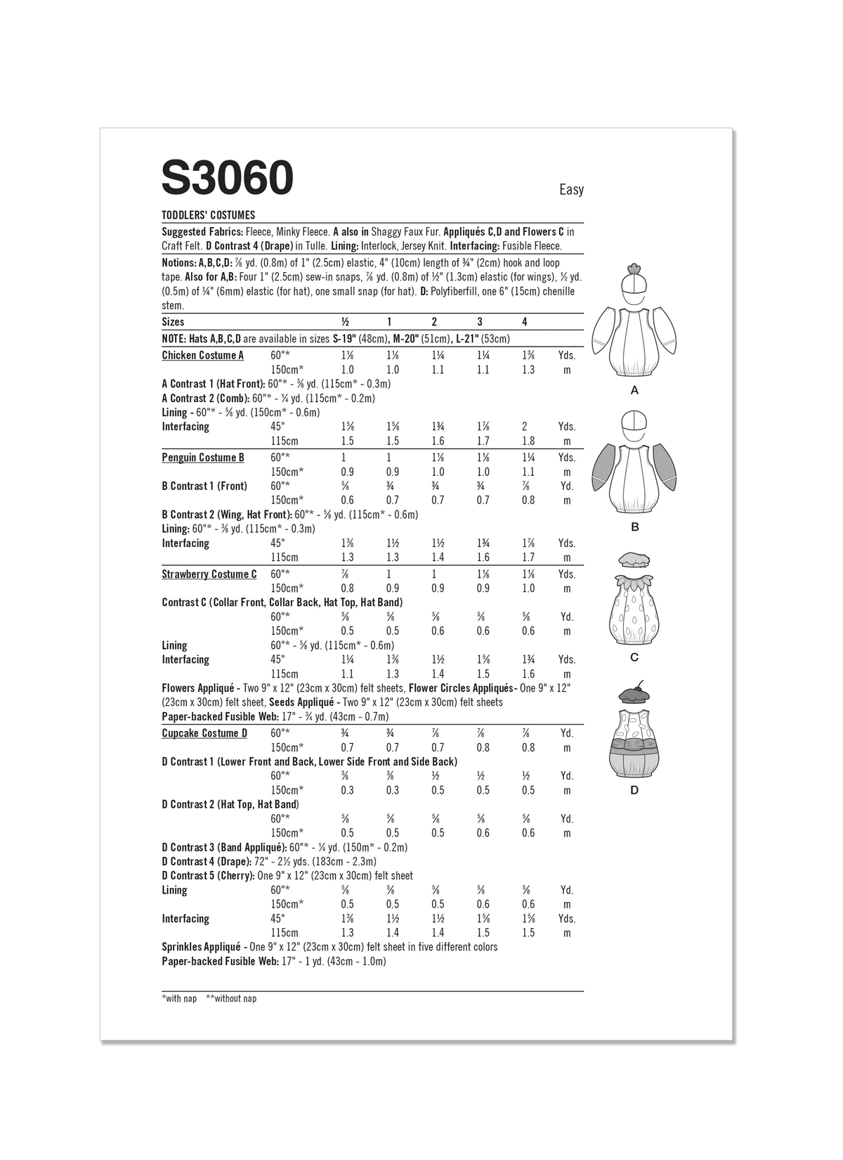 Simplicity S3060 sewing pattern envelope showing toddler costumes with a lightly padded body