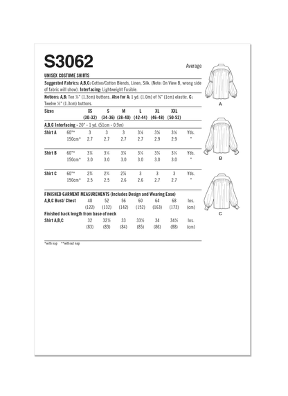 Simplicity S3062 sewing pattern envelope showing a unisex costume garment