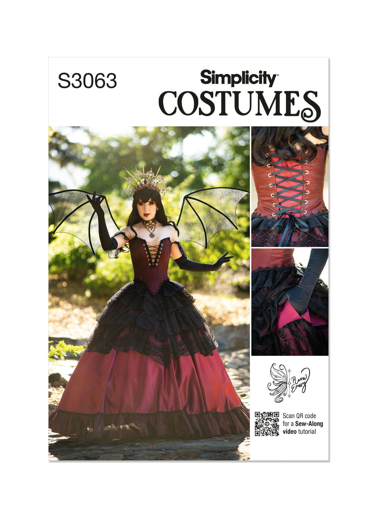 Simplicity S3063 sewing pattern envelope showing a costume dress with lacing and off-the-shoulder sleeves