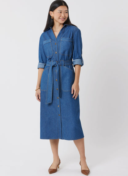Simplicity S3065 sewing pattern envelope showing a button-front shirt dress