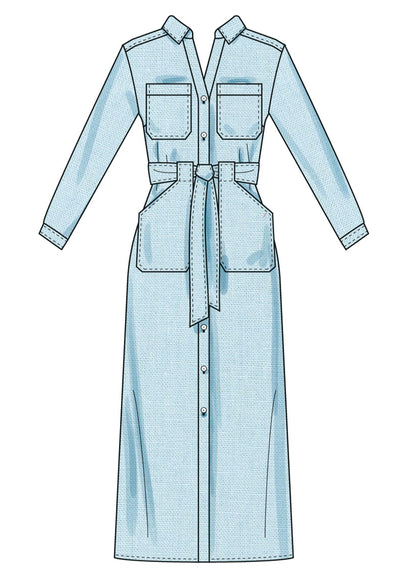 Simplicity S3065 sewing pattern envelope showing a button-front shirt dress