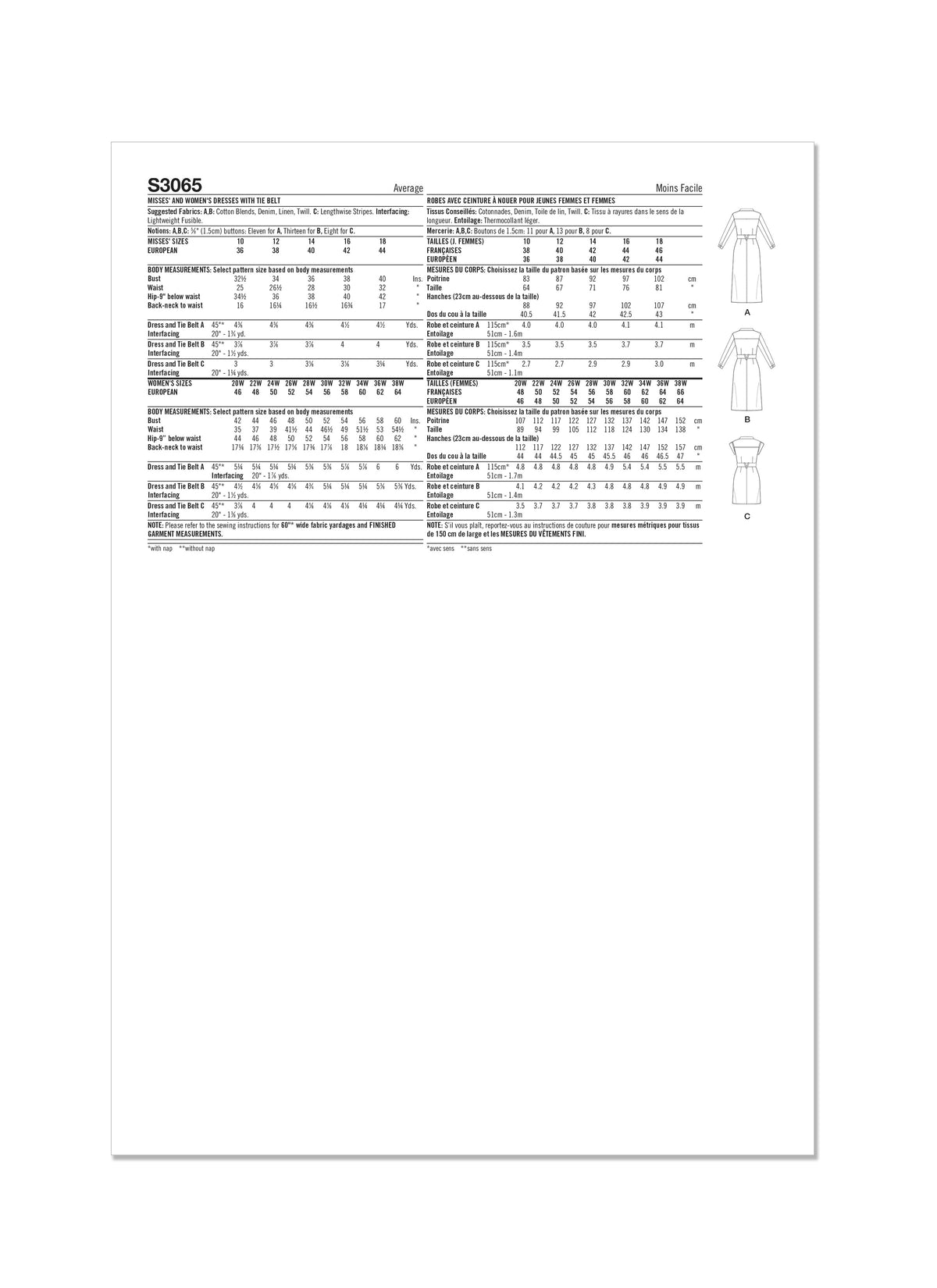 Simplicity S3065 sewing pattern envelope showing a button-front shirt dress