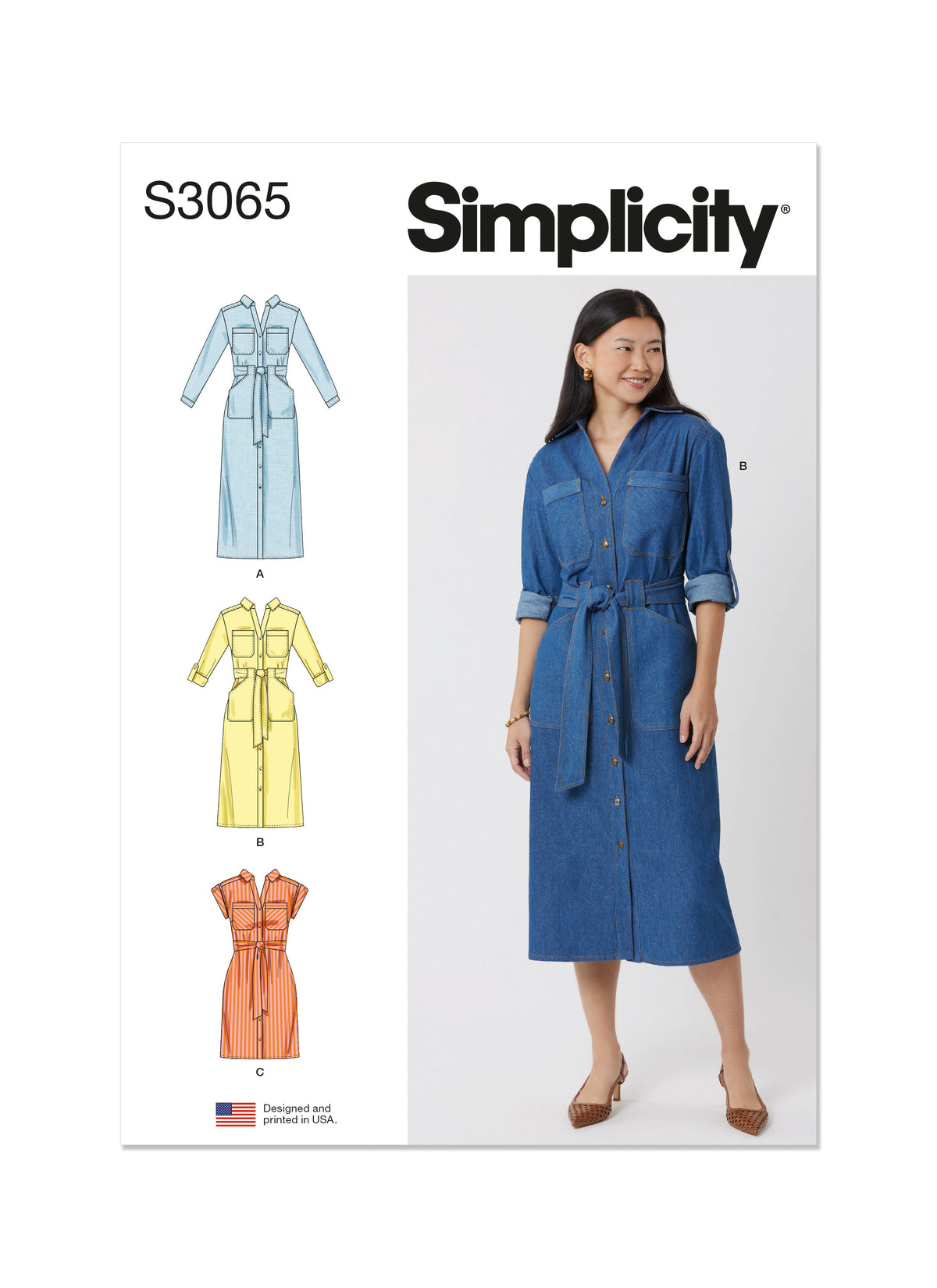 Simplicity S3065 sewing pattern envelope showing a button-front shirt dress
