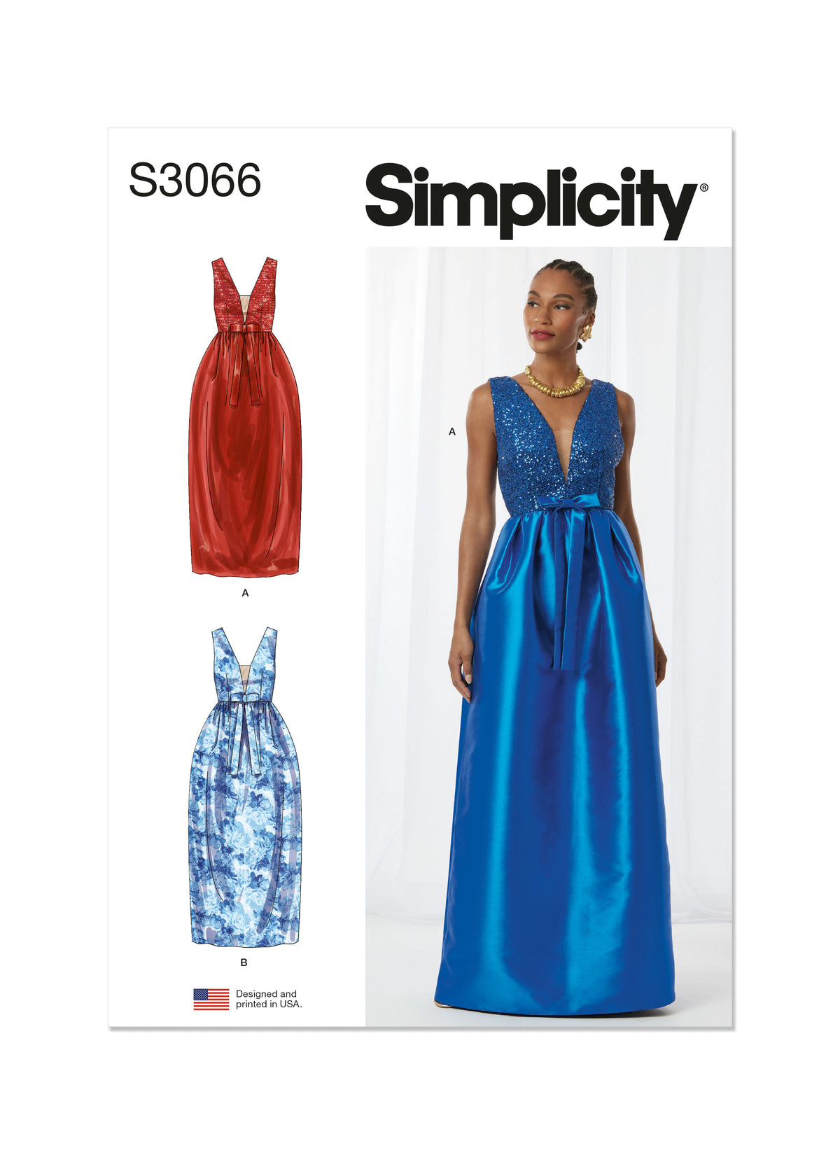 Simplicity S3066 sewing pattern envelope showing long, lined evening gowns