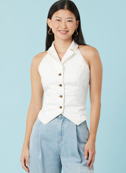 Simplicity S3067 sewing pattern envelope showing a lined, button-front top or waistcoat
