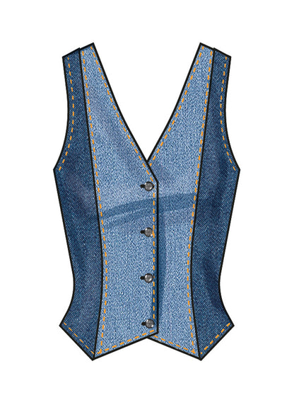 Simplicity S3067 sewing pattern envelope showing a lined, button-front top or waistcoat