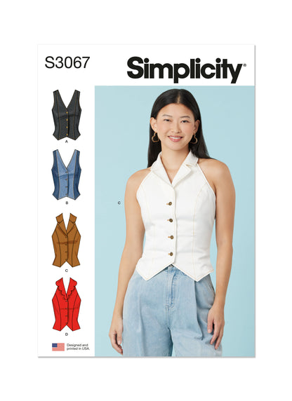 Simplicity S3067 sewing pattern envelope showing a lined, button-front top or waistcoat
