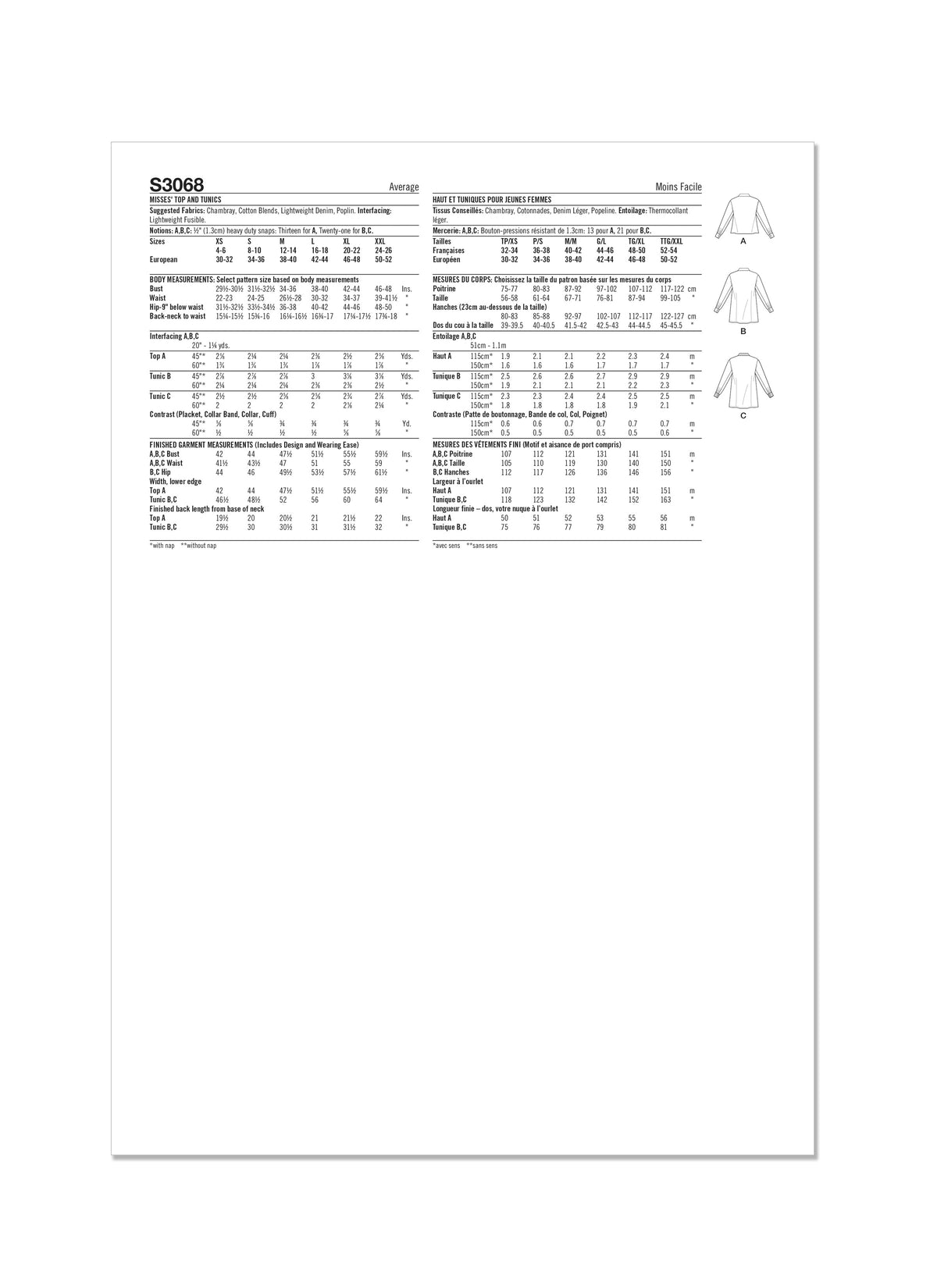 Simplicity S3068 sewing pattern envelope showing a top with snap fastenings