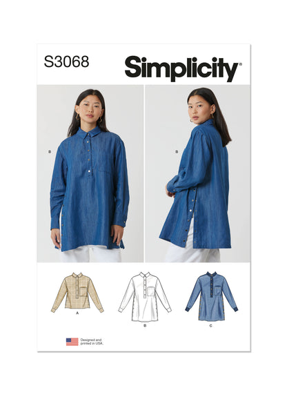 Simplicity S3068 sewing pattern envelope showing a top with snap fastenings