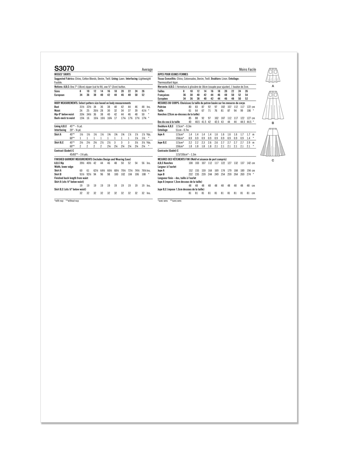 Simplicity S3070 sewing pattern envelope showing skirts and trousers with front pockets